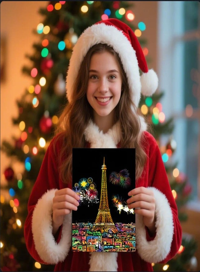 VTEAS 20 PCS Cityscape Scratch Art Book for Teen & Adults: DIY Colorful City Series Painting Paper | ASMR Stress-Relief Engraving Kit Scratchboard | DIY Sketch Card Creative Craft Toy (Rainbow Landmarks) - Image 5